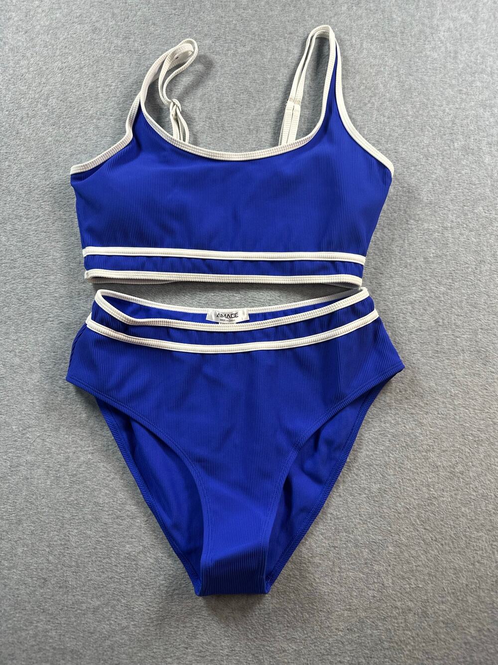Aimage Two-Piece Bikini Set Women Size Large Blue and White Adjustable Strap